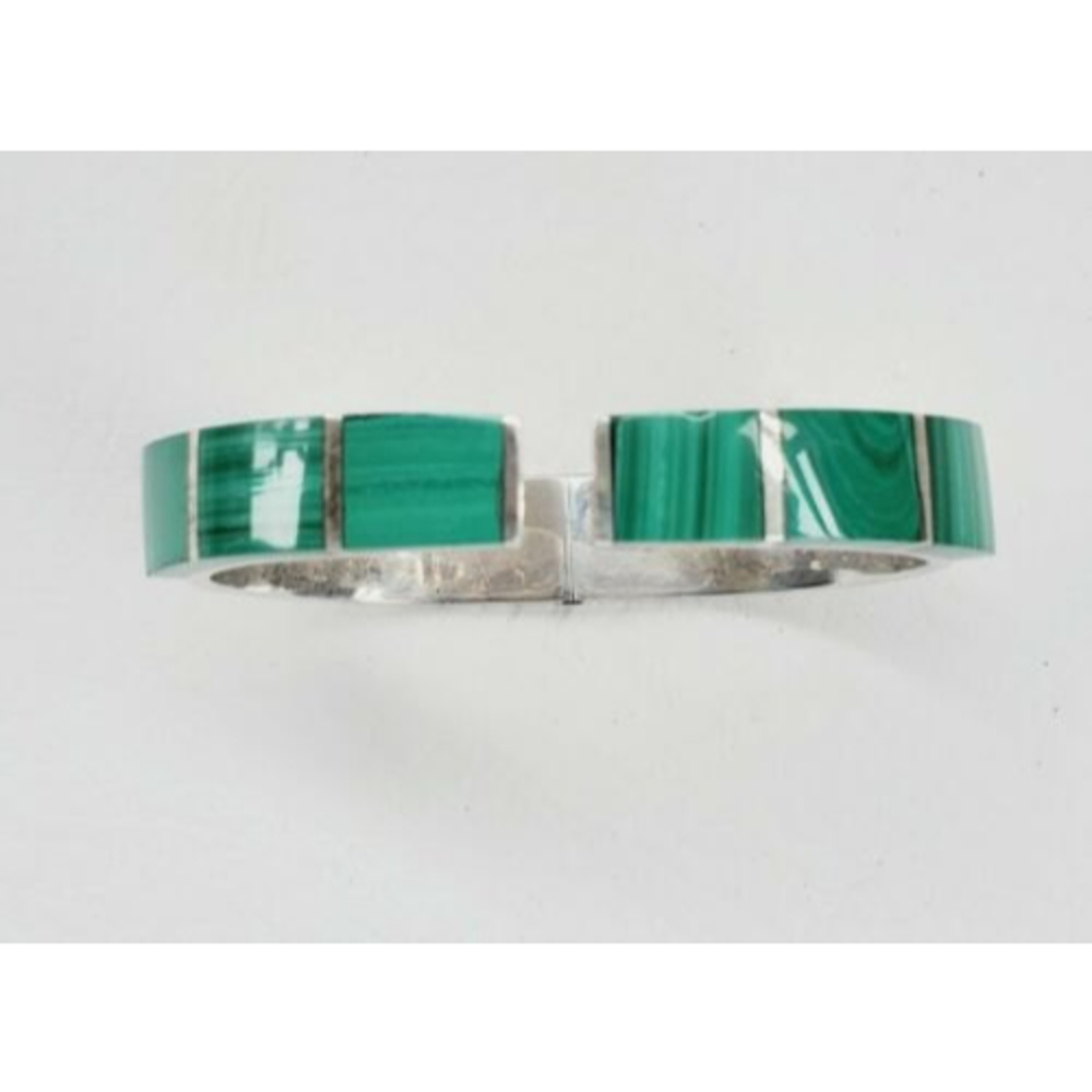 Vintage Taxco Mexico 925 Rare Modernist Hinged Bracelet Malachite Inlay 68g
